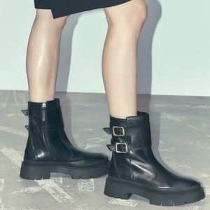 NWT ZARA LOW HEELED BUCKLED LEATHER ANKLE BOOTS